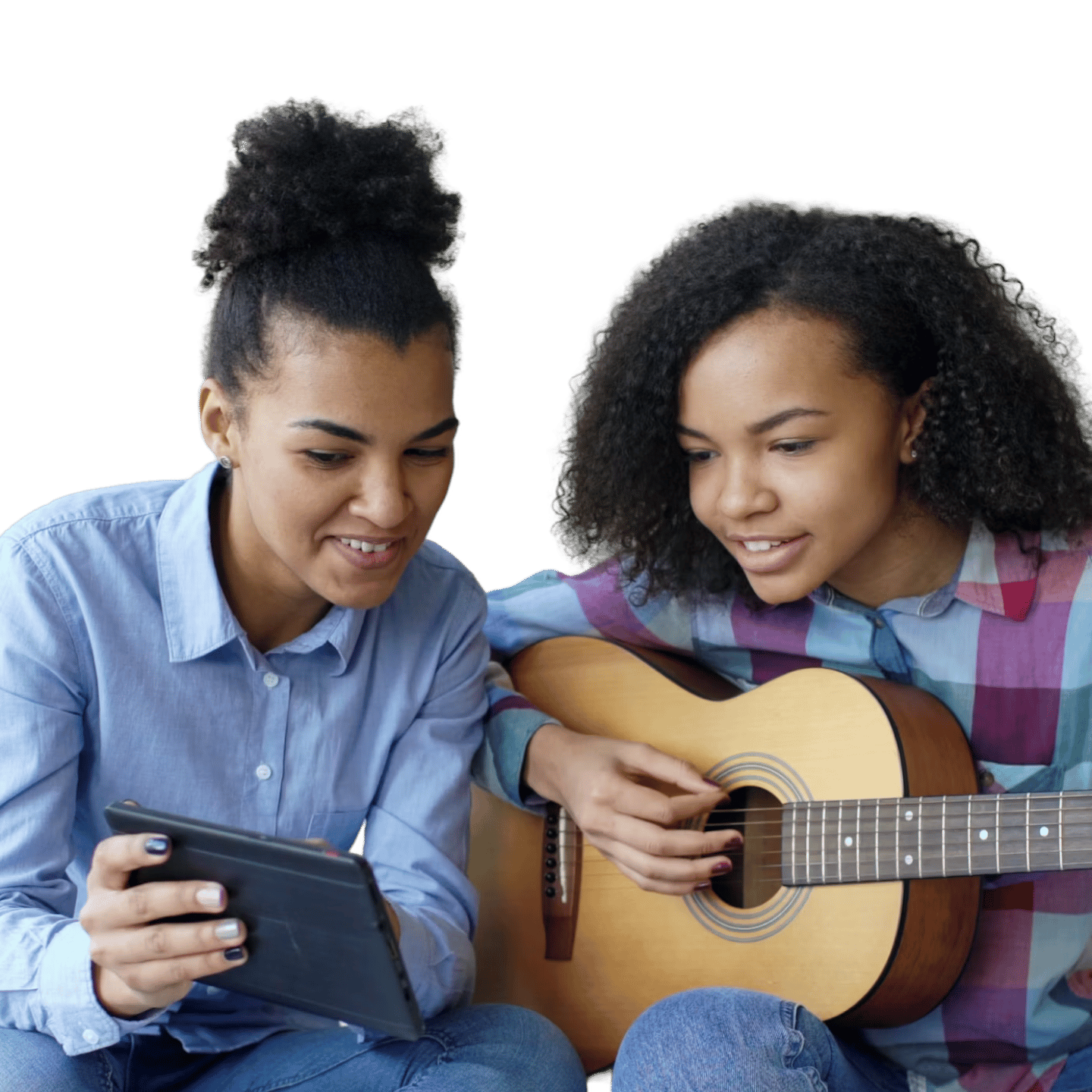 Mother and daughter playing guitar