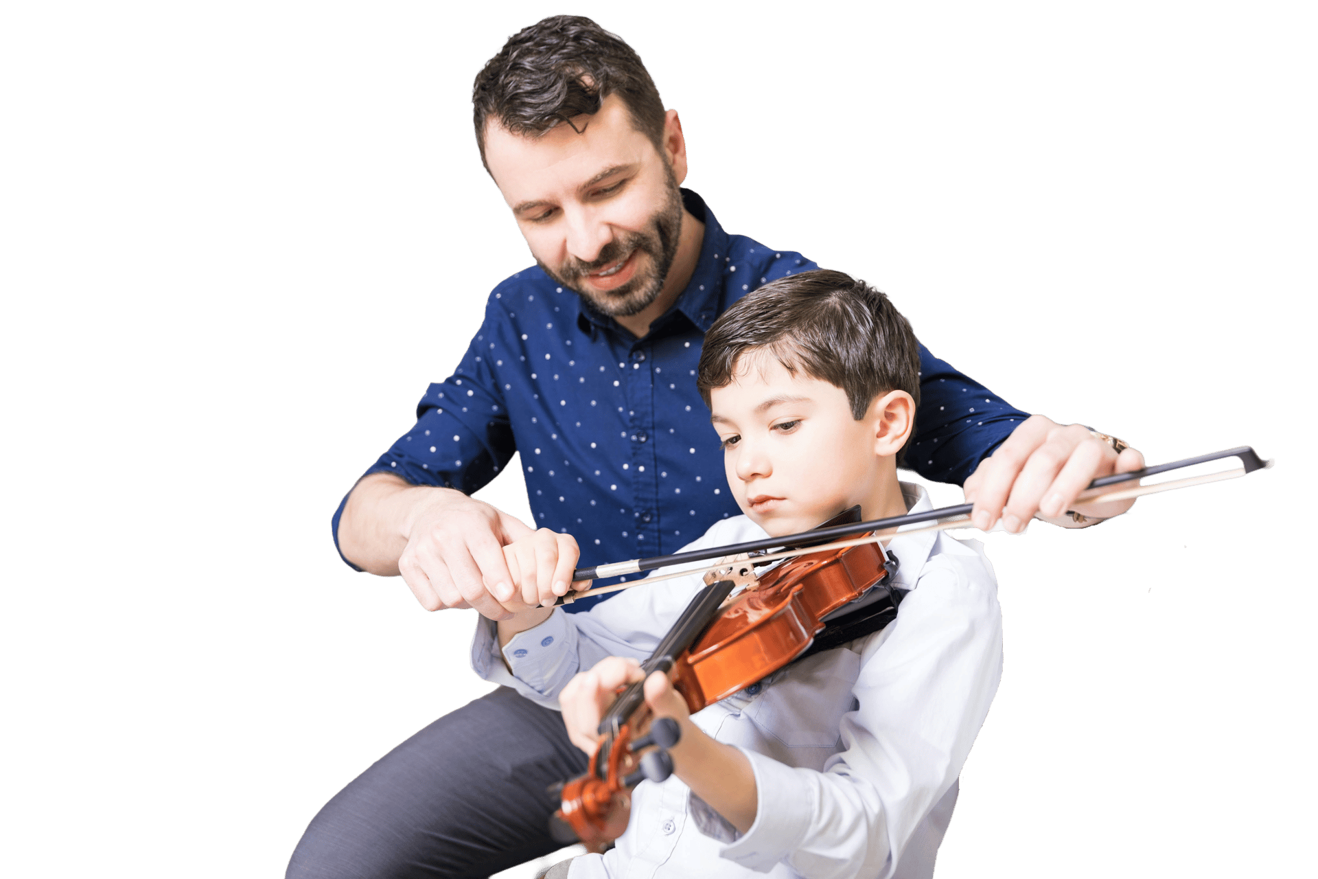 Teacher showing a boy how to hold his violin bow